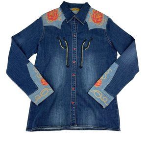 Wrangler Rodeo Quincy Denim Floral Screen Print Shirt Size Medium Snap Button
